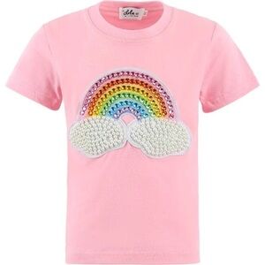 Lola + The Boys Pink Short Sleeve Tee with Sequin Rainbow